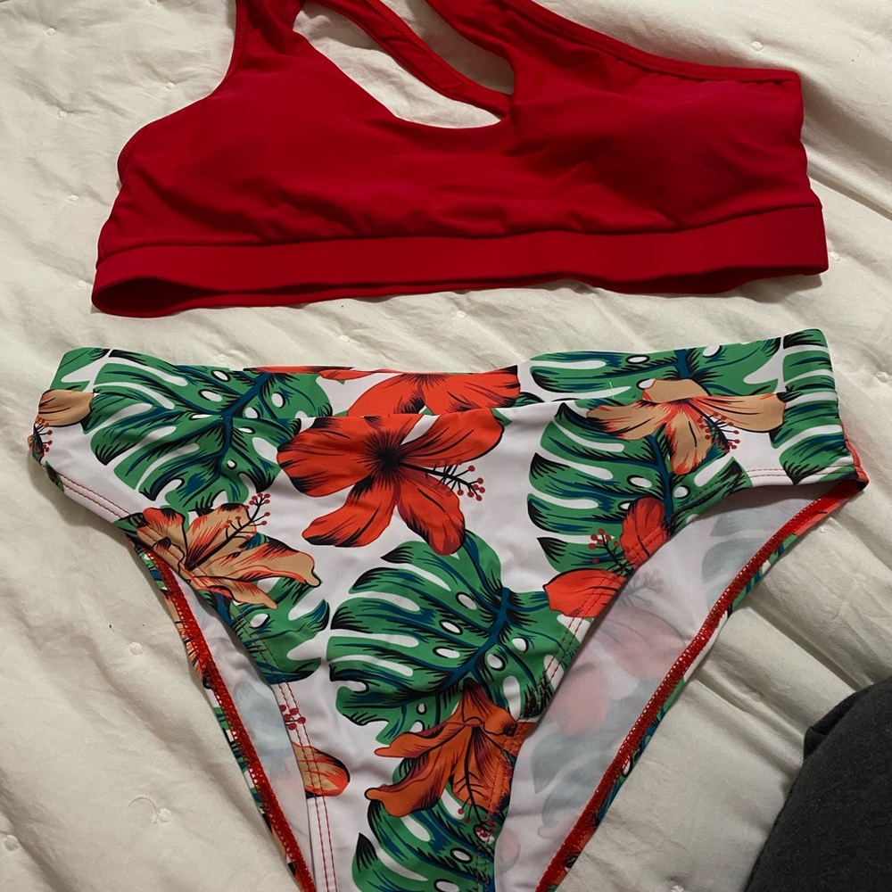 Red Bikini Top and Floral Bottoms